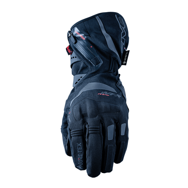 The FIVE WFX PRIME EVO GTX BLACK motorcycle glove, featuring GORE-TEX material, reinforced knuckles, and gray accents, is displayed against a plain background.