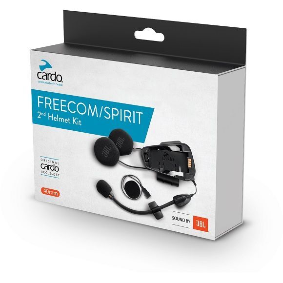 CARDO FREECOM/SPIRIT JBL 2ND HELMET KIT box displaying headset, speakers, microphone, and wires; features 40mm JBL sound accessory.