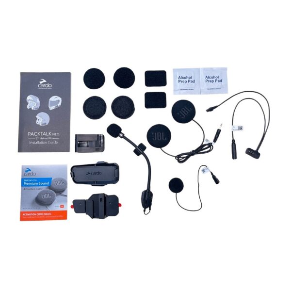 CARDO PACKTALK NEO 2ND HELMET KIT - SOUND BY JBL components, such as installation guide, microphones, speakers, mounting parts, adhesive pads, and alcohol prep pads, displayed on a white background.
