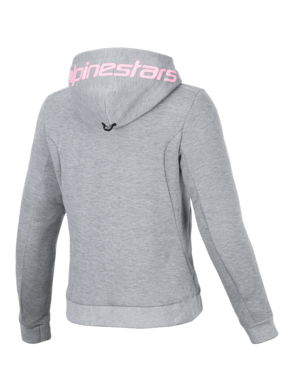 The ALPINESTARS CHROME V2 WOMENS SPORT HOODIE in grey heather features a fluro pink "alpinestars" logo on the hood, shown from the back.