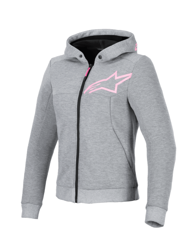 The ALPINESTARS CHROME V2 Women's Sport Hoodie in grey heather features a front zipper, hood, and a fluro pink star-shaped logo on the left chest.
