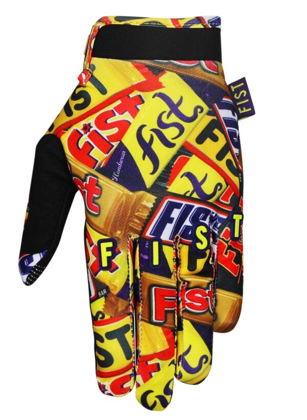 The CHOCKIES GLOVE - LIL FISTS (AGES 2-8) features a repeating yellow, red, and black "FIST" logo pattern and is shown with the palm facing outward.