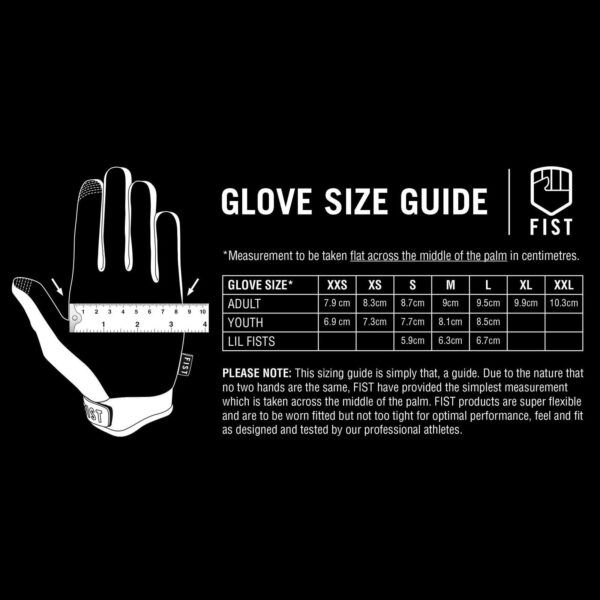 A diagram for FIST ELEPHANT GLOVES - KIDS shows a hand with a ruler across the palm alongside a chart listing youth glove sizes from XXS to XL in centimeters.