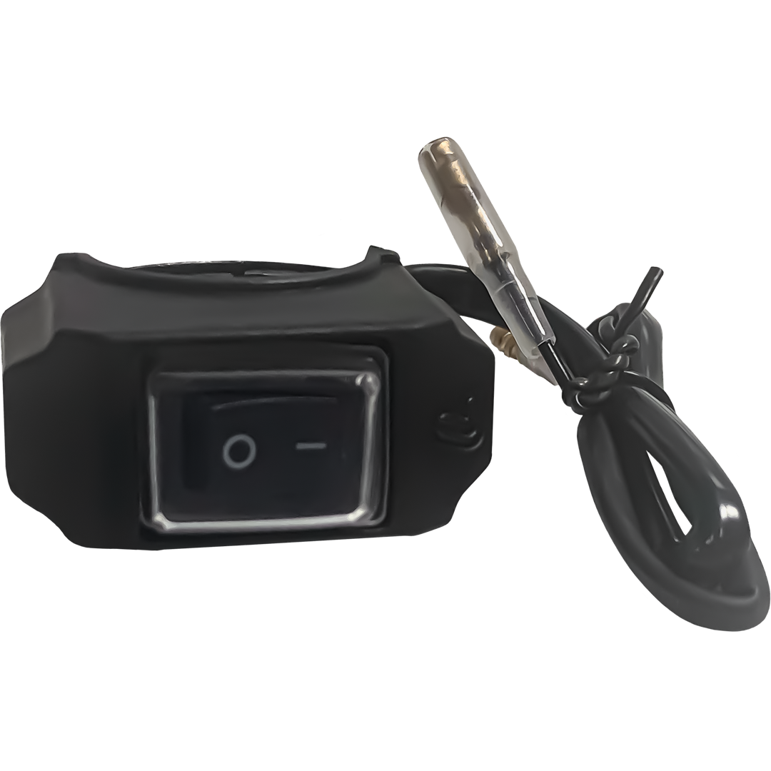 The UNIVERSAL ON/OFF SWITCH is a black inline rocker switch with a power symbol, attached to a black cable ending in a male plug connector.