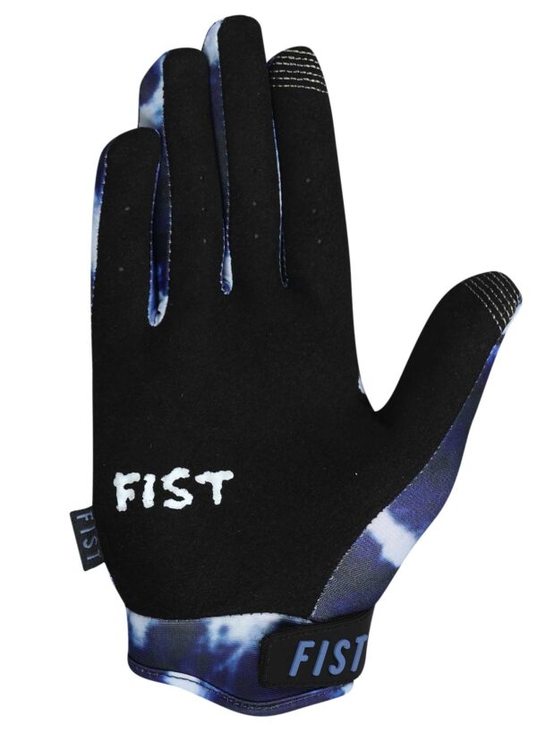 The FIST LEAKY PEN GLOVES - YOUTH are black gloves with blue and white patterns, "FIST" branding on the back, palm facing forward, and a Velcro strap near the wrist.
