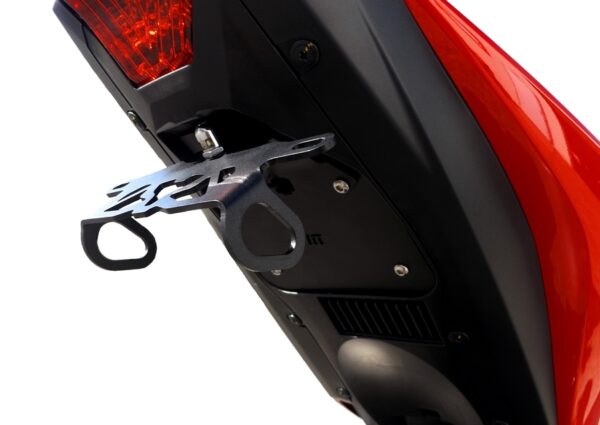 Close-up of a YZF-R3 2019 ONWARDS MUSTARD TAIL TIDY - 186mm metal license plate holder mounted below the motorcycle’s tail light.