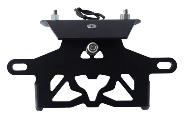 The YZF-R3 2019 ONWARDS MUSTARD TAIL TIDAY - 186mm is a black metal bracket featuring two mounting bolts, a central screw, and an angular cutout design, ideal for attaching a license plate or similar components.