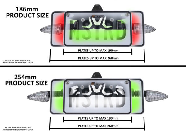 The image shows two YZF-R3 2019 ONWARDS MUSTARD TAIL TIDY - 186mm license plate holders with LED lights. The top fits plates up to 190mm wide, the bottom fits plates up to 260mm wide. Both display a sample plate and size measurements.