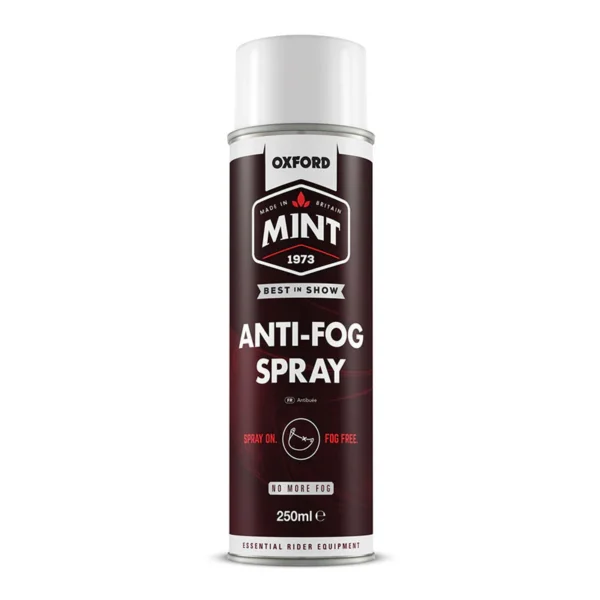 A 250ml can of OXFORD MINT - ANTI FOG, featuring a black and white label, is designed to prevent fogging on surfaces.