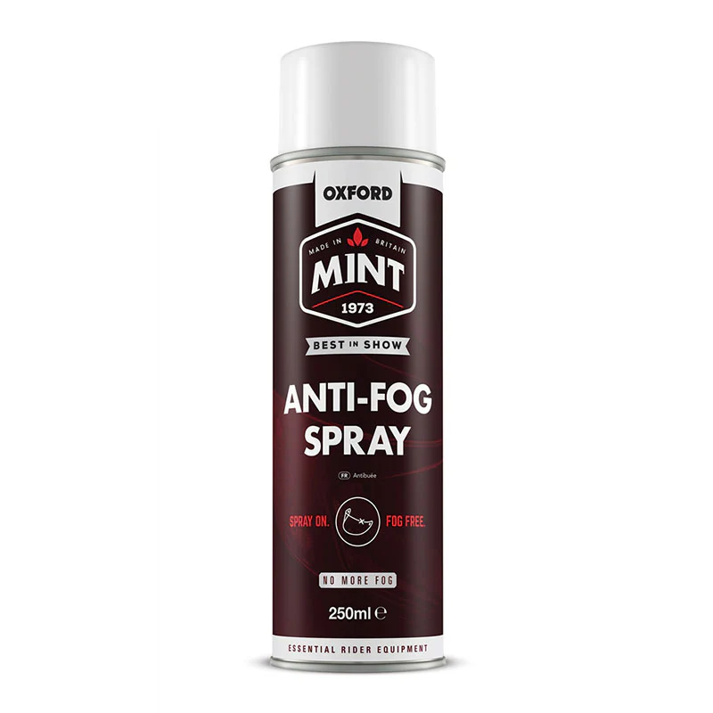 A 250ml can of OXFORD MINT - ANTI FOG, featuring a black and white label, is designed to prevent fogging on surfaces.
