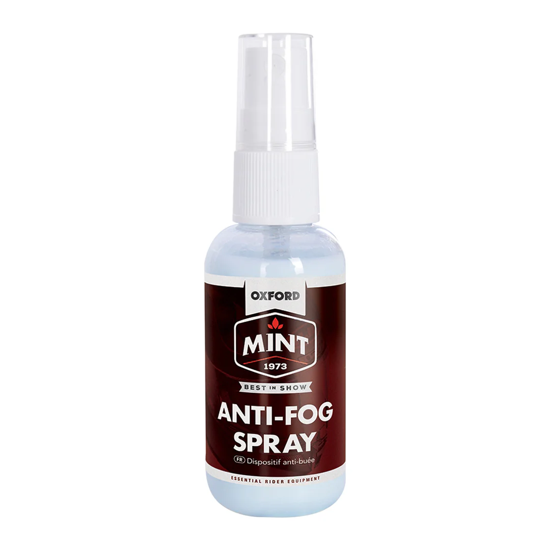 A 50ml bottle of OXFORD MINT - ANTI FOG MIST featuring a white spray nozzle and a brown label with product details.