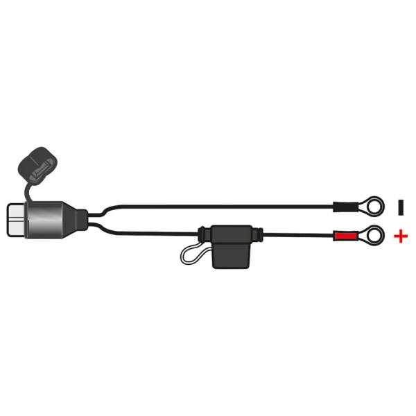 Diagram of the OXFORD MAXIMISER - OXIMISER FUSED RING LEADS showing a connector on one end and two ring terminals (negative/black and positive/red) on the other.