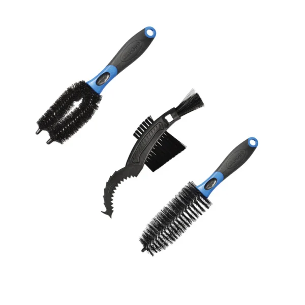 The OXFORD TRIPLE BRUSH SET features three black and blue cleaning brushes with different bristle shapes and handles, displayed on a white background.