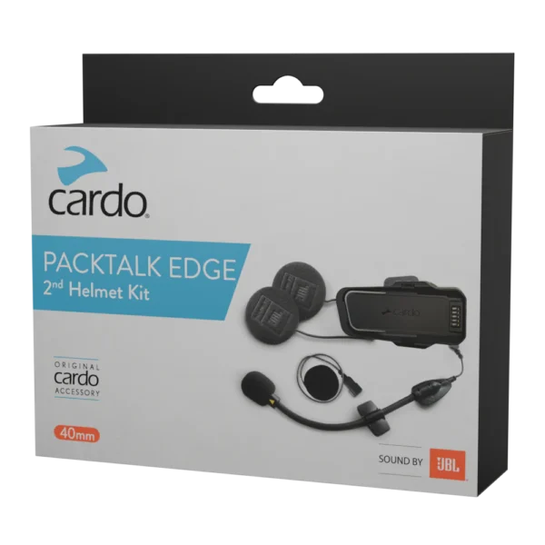 A product box for the CARDO PACKTALK PRO/EDGE 2ND HELMET KIT - SOUND BY JBL, displaying headset components and highlighting JBL branding.