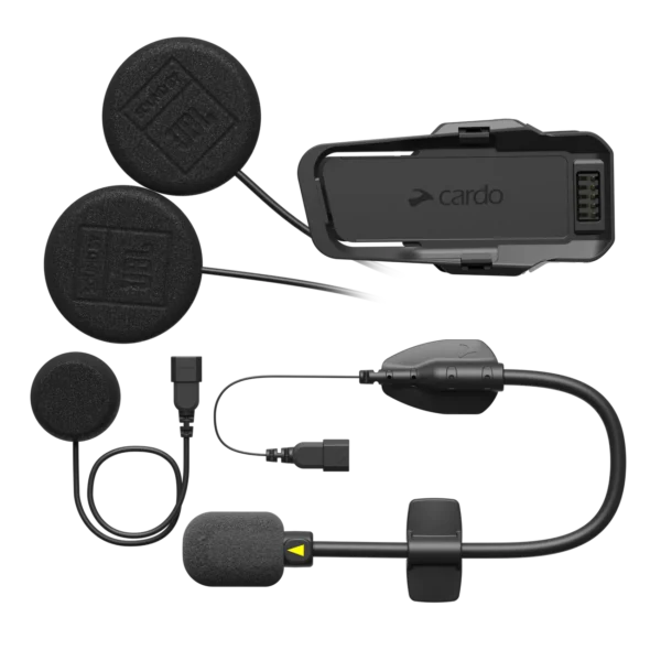 CARDO PACKTALK PRO/EDGE 2ND HELMET KIT - SOUND BY JBL, featuring speakers, control unit, microphone, cables, and connectors displayed on a white background.