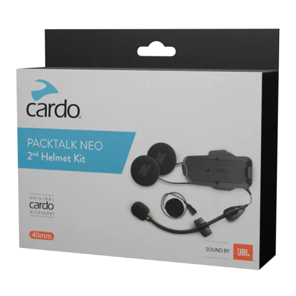 Retail packaging for the CARDO PACKTALK NEO 2ND HELMET KIT - SOUND BY JBL, displaying headset components and the prominent JBL logo.