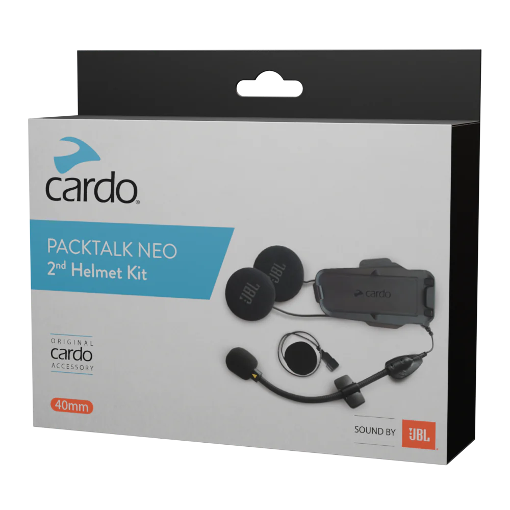 Retail packaging for the CARDO PACKTALK NEO 2ND HELMET KIT - SOUND BY JBL, displaying headset components and the prominent JBL logo.