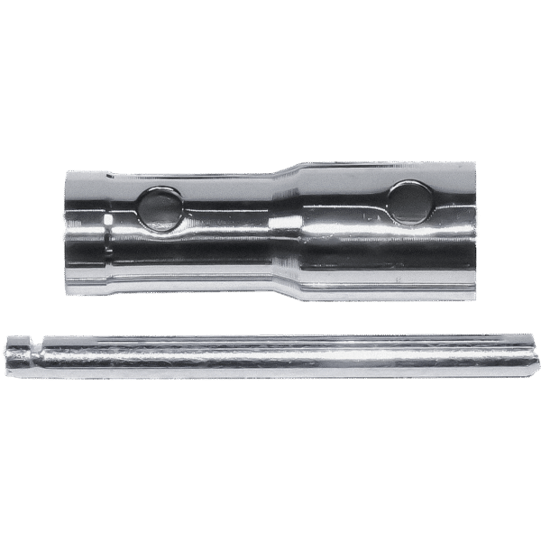 The 3 IN 1 PLUG SPANNER, featuring a metal socket and matching rod, is displayed side by side on a plain background.