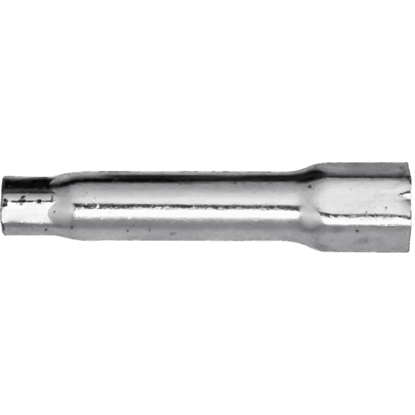 A shiny metallic socket with a hexagonal opening on one end, designed for use with a socket wrench.
