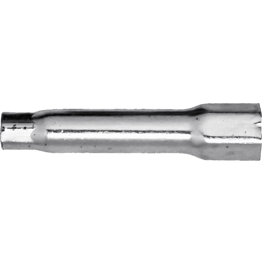 A shiny metallic socket with a hexagonal opening on one end, designed for use with a socket wrench.