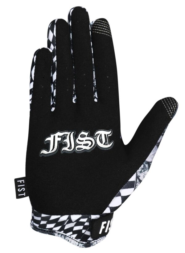 The FIST QUAKER GLOVES - LIL FISTS (AGES 2-8) are black gloves featuring "FIST" in white gothic font on the back, with a black and white checkered pattern on the cuff and inner fingers.