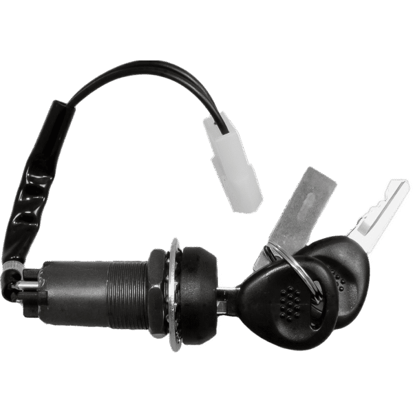 The IGNITION SWITCH ASSEMBLY is a cylindrical unit featuring an attached wire connector and includes two keys on a keyring.