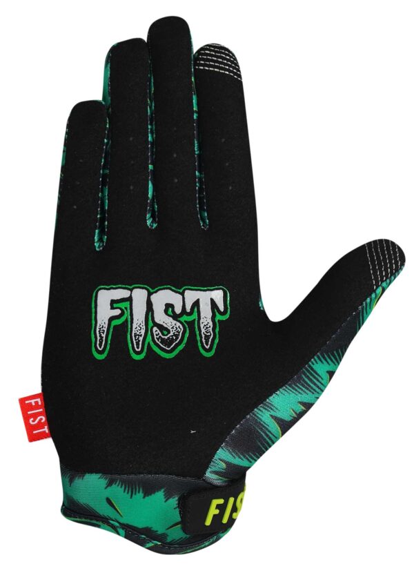 The FIST DANIEL SANDOVAL 'SANDMAN' GLOVES - LIL FISTS (AGES 2-8) are black gloves with green palm leaf patterns, "FIST" in white on the back, and a small red tag by the wrist.