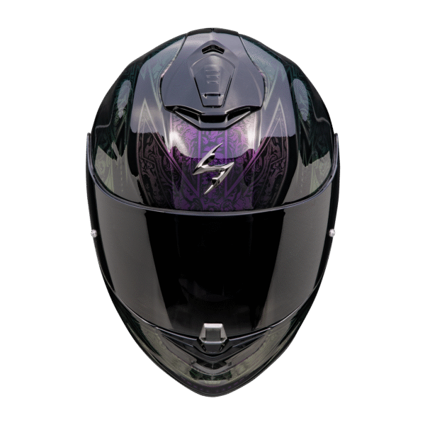 The SCORPION EXO - EXO 1400 EVO II AIR HELMET in Fantasy Black/Chameleon is a full-face motorcycle helmet with a glossy black and purple design, displayed from the front against a black background.