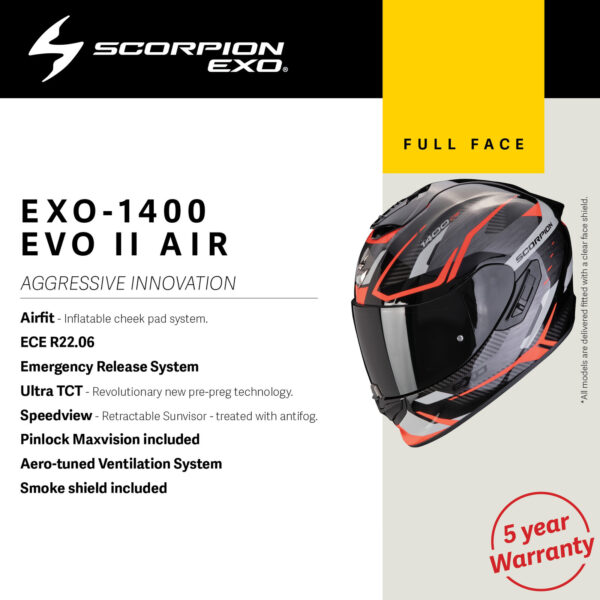 SCORPION EXO - EXO 1400 EVO II AIR HELMET in Fantasy Black/Chameleon shown with feature list and a 5-year warranty badge.