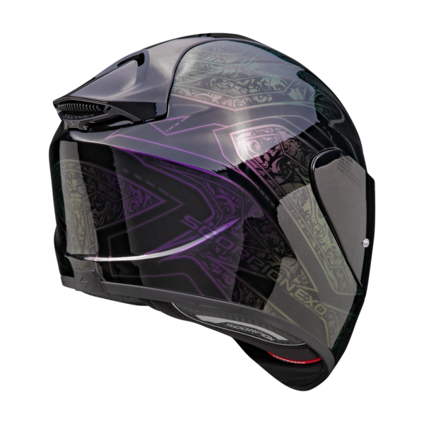 The SCORPION EXO - EXO 1400 EVO II AIR HELMET in Fantasy Black/Chameleon is a glossy full-face motorcycle helmet with intricate patterns and a tinted visor, shown from the side.