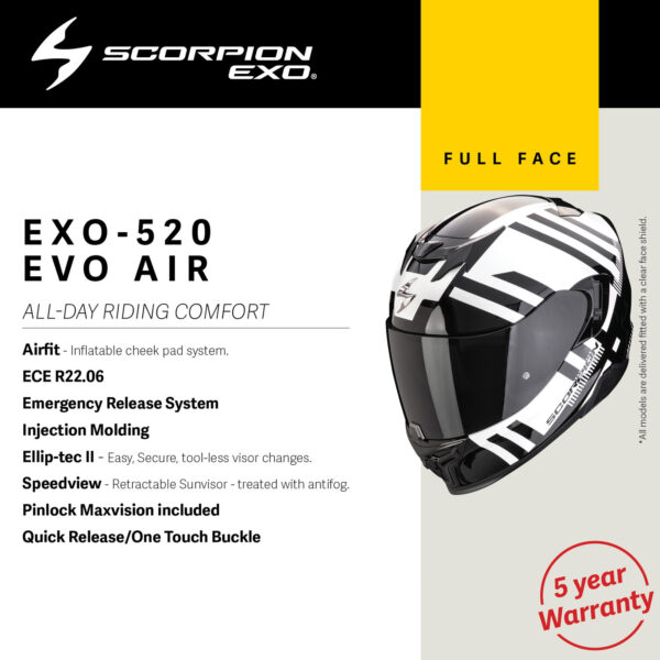 A SCORPION EXO - EXO 520 EVO AIR HELMET in matte black displayed with feature highlights, warranty badge, and branding on a graphic background.