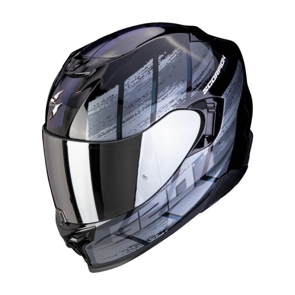 The SCORPION EXO - EXO 520 EVO AIR MAHA HELMET in Black/Chameleon is a glossy full-face motorcycle helmet featuring a clear visor and "Scorpion" branding on the side.