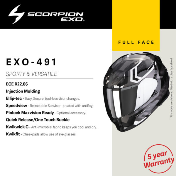 A matte black and pink SCORPION EXO - EXO 491 Spin helmet is displayed, highlighting its features and a "5 year warranty" badge in the corner.
