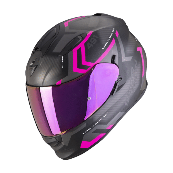 The SCORPION EXO - EXO 491 SPIN HELMET in matte black/pink features pink geometric accents and a reflective purple visor, displayed from a side angle.