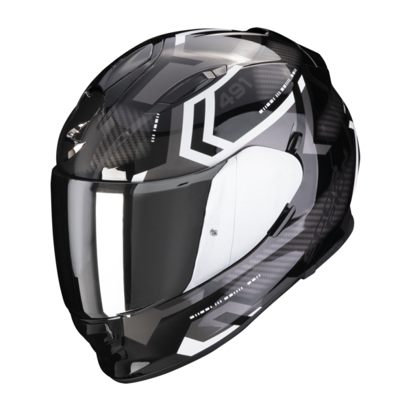 SCORPION EXO - EXO 491 SPIN HELMET in black and white features geometric patterns, a tinted visor, and an aerodynamic full-face design.