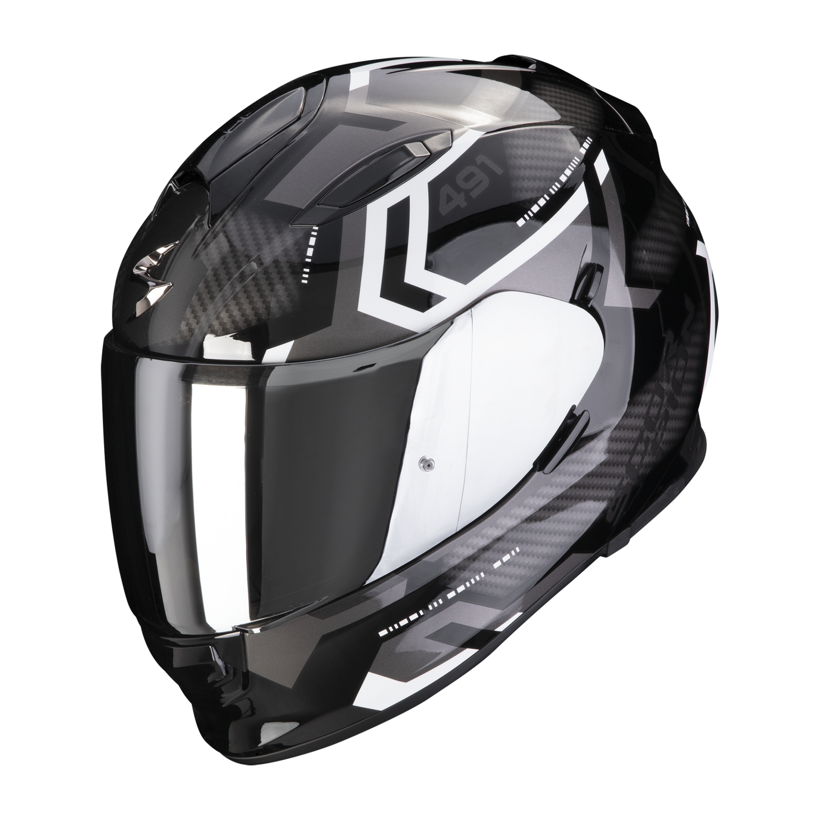 SCORPION EXO - EXO 491 SPIN HELMET in black and white features geometric patterns, a tinted visor, and an aerodynamic full-face design.