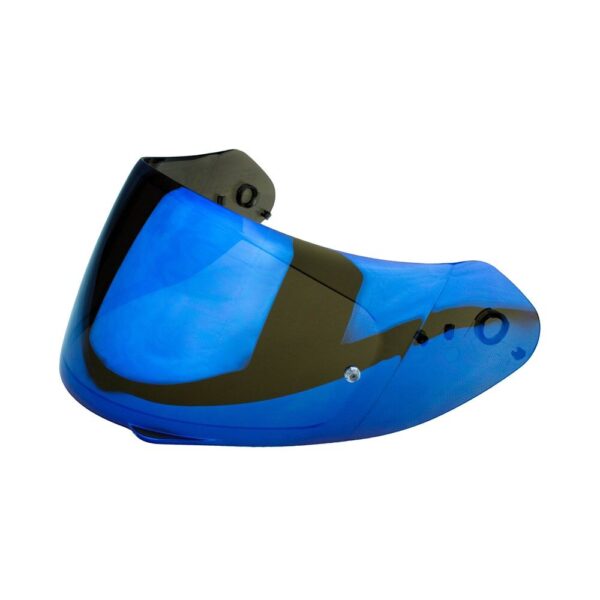 The SCORPION EXO - KDF 14-3 ELIP-TEC SHIELD MIRROR MAXVISION READY visor, featuring a blue tint and mounting points, is displayed against a white background.