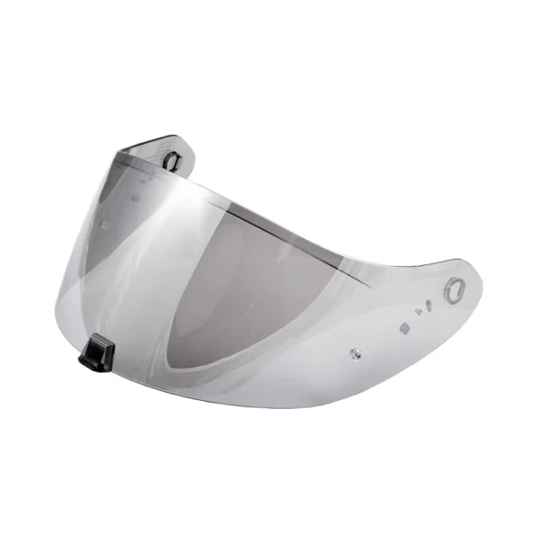 A clear, curved motorcycle helmet visor with mounting points on each end and a small black tab at the bottom center.