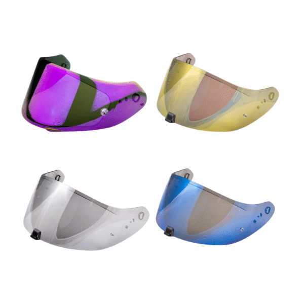 Four motorcycle helmet visors are shown in different colors: purple-green, yellow, clear, and blue, arranged in a grid on a white background.