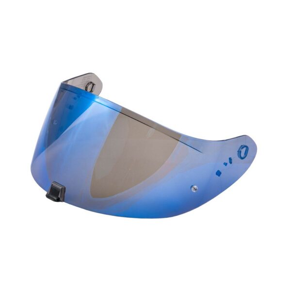 Blue-tinted motorcycle helmet visor with attachment points on each side, designed to provide eye protection while riding.