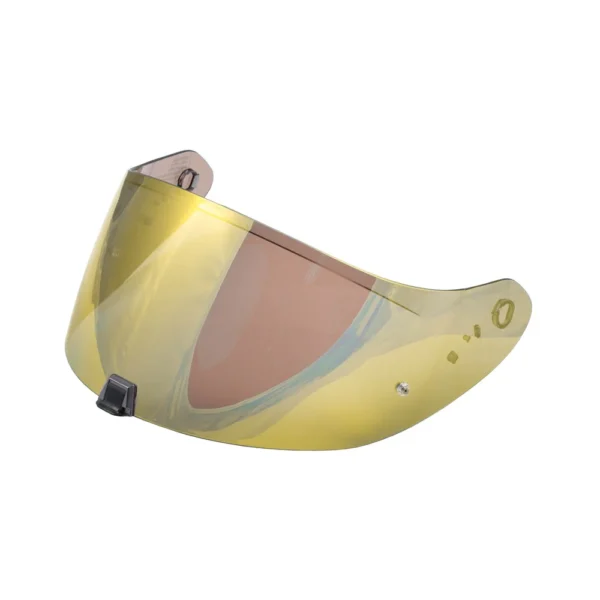 A tinted, curved motorcycle helmet visor with a yellowish reflective finish and mounting holes on each side.