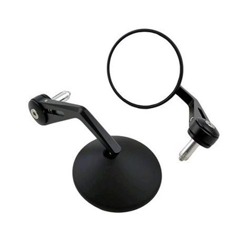 The TARMAC MIRRORS - SCOUT - BLACK SET features two black motorcycle handlebar rearview mirrors with circular glass and mounting hardware, displayed from various angles against a white background.