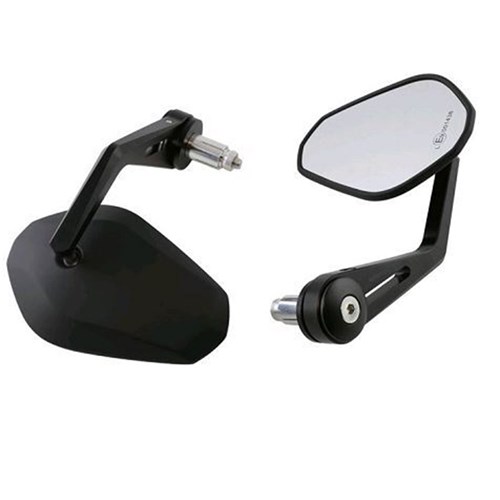 The TARMAC MIRRORS - FALCON - BLACK SET features two angular bar end motorcycle mirrors: one displays the reflective side, while the other shows the rear housing and included mounting hardware.