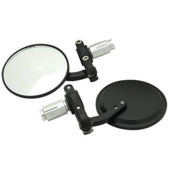 The TARMAC MIRRORS - CAFE RACER - BLACK SET features two round black bar end mirrors with metal mounting brackets, displayed from both the reflective and rear sides on a white background.