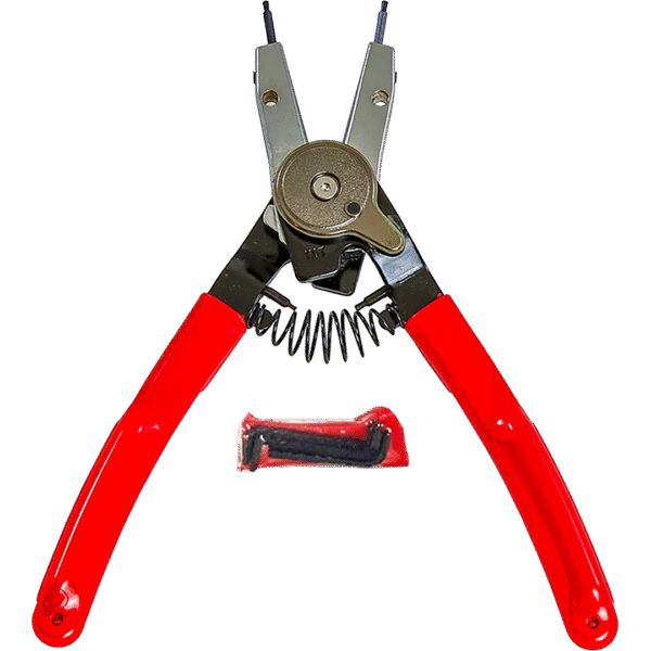 INTERNAL/EXTERNAL CIRCLIP PLIERS QUICK feature red handles and a central rotating mechanism, designed for installing and tightening internal or external circlips efficiently.