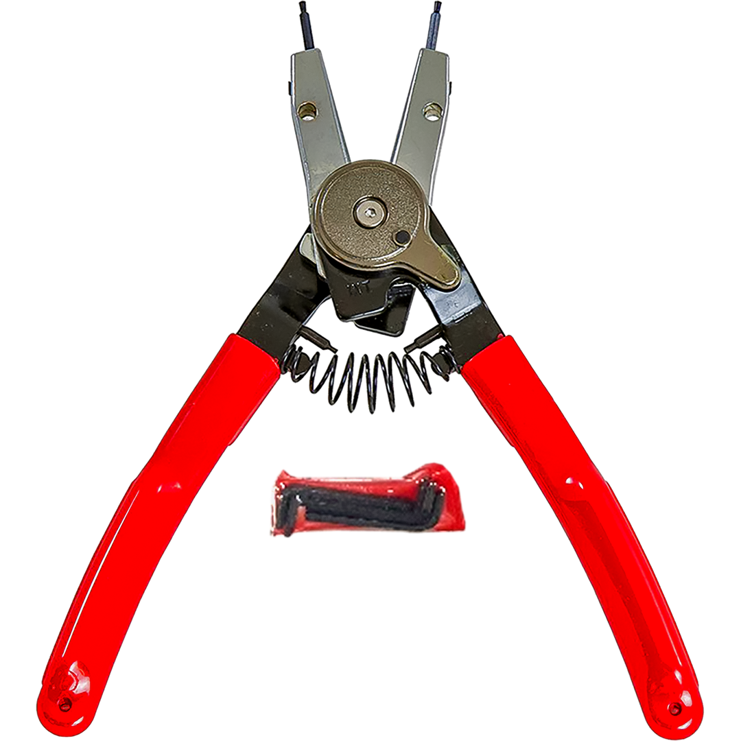 INTERNAL/EXTERNAL CIRCLIP PLIERS QUICK feature red handles and a central rotating mechanism, designed for installing and tightening internal or external circlips efficiently.