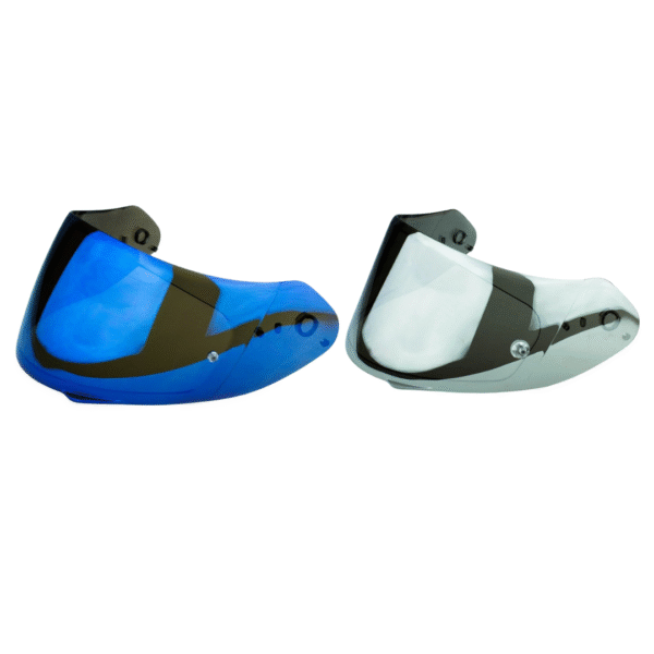 Two SCORPION EXO KDF 14-3 ELIP-TEC SHIELD MIRROR MAXVISION READY visors, one blue-tinted and one gray-tinted, are displayed side by side with black mounting hardware.