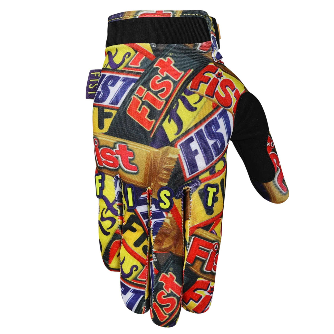 The CHOCKIES GLOVE - LIL FISTS (AGES 2-8) features a vibrant pattern with the word "Fist" boldly displayed on a yellow and red background.