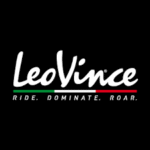 The LeoVince logo with the text "Ride. Dominate. Roar." and an underline in green, white, and red, set against a black background.